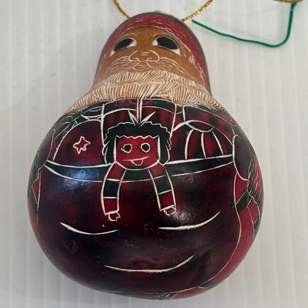 Santa Clause Folk Art Gourd Christmas Ornament  Hand Carved Painted Peruvian